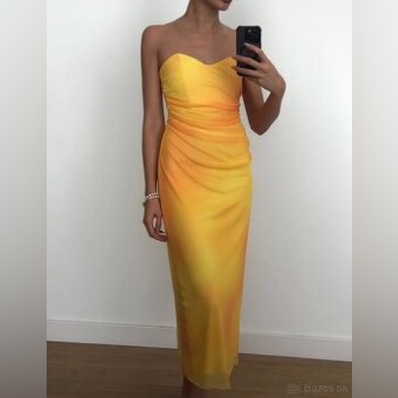 Zara NWT yellow orange tie dye printed tulle midi draped ruched sweetheart dress - Picture 10 of 16
